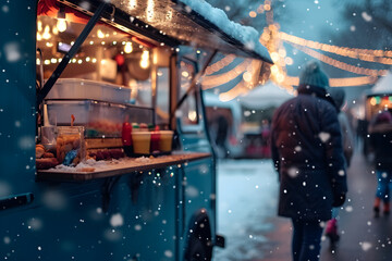 food truck in city winter festival, selective focus