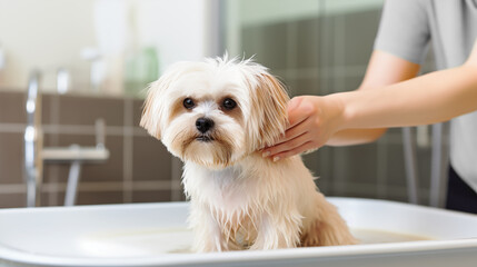  A woman washes a small purebred dog in a salon. Happy dog takes a bath. Pet grooming concept. Pet day. AI generative
