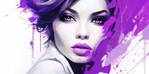 Generative AI image of casual sporty style lady in digital art style, purple lipstick, white background