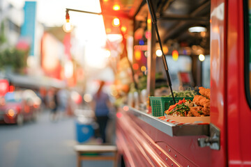 food truck in city Spring festival, selective focus - obrazy, fototapety, plakaty