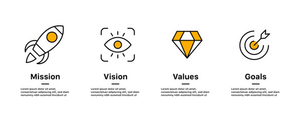 Mission, Vision, Values and Goals Icon Set. Rocket launch, Target, Diamond, Light bulb, icon symbol. company purpose flat icons. business creative concept with 3 steps. web page template - obrazy, fototapety, plakaty