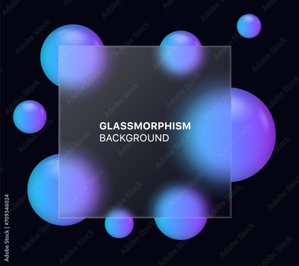 Poster glassmorphism background banner with transparent glass frame template . Realistic Frosted glass morphism effect with blurred abstract gradient blue purple circle shapes. Vector illustration