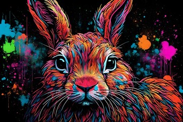 Abstract neon rabbit portrait with lively, pop art