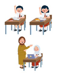 Vector collection of Indonesian elementary school children studying at the table and raising their hands and studying using a laptop