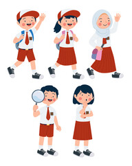 Vector collection of Indonesian elementary school children walking together