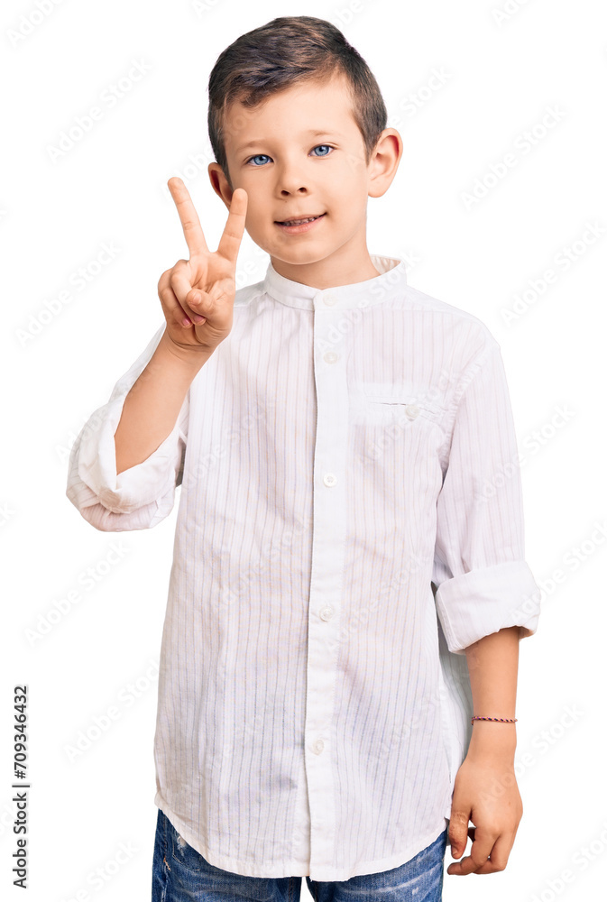 Poster cute blond kid wearing elegant shirt smiling looking to the camera showing fingers doing victory sig