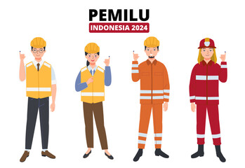 various professions in Indonesia, such as engineer and firefighter personnel showing their little fingers that have been dipped in election ink