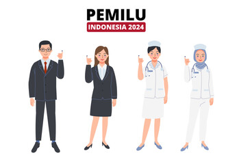 various professions in Indonesia, such as bankers and medical personnel showing their little fingers that have been dipped in election ink