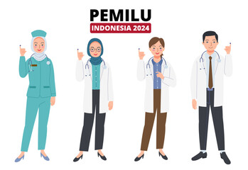 Indonesian female and male medical personnel and doctors are showing hands that have been dipped in election ink
