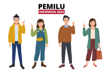 Indonesian young people are showing their hands which have been dipped in election ink