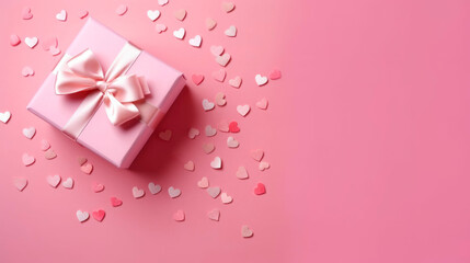 Valentine's day background with hearts and gift box on pink