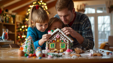 A family building and decorating an Christmas-themed gingerbread house. A picture of joyful family...
