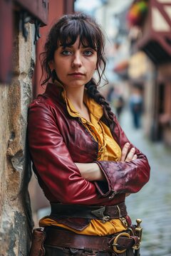Generative AI image of a 25 years old woman leaning on the wall with arms crossed, hair up dark hair with bangs falling down her forehead, green eyes, wearing red leather pirate jacket