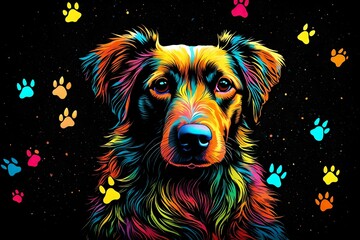 Graphic pop art portrayal of a dog with bright, glowing paws against a black backdrop