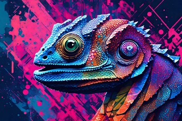 Abstract pop art chameleon portrait with neon hues and dynamic graphic element
