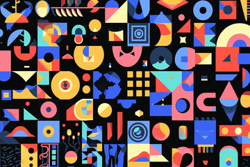 
The image is a vibrant collection of various geometric shapes and abstract icons in multiple colors set against a dark background, creating a retro-inspired pattern