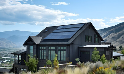 Modern Eco-Friendly Home with Solar Panels in Mountain Setting
