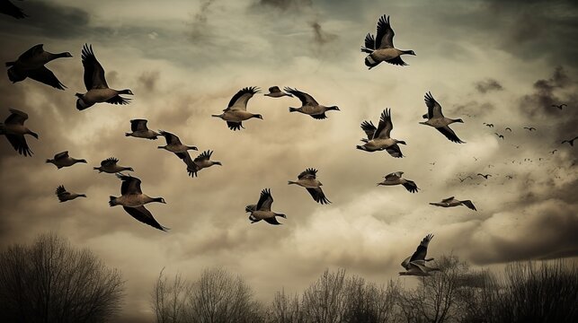Generative AI image of migration of flock of geese gracefully traverses the sky on their journey south