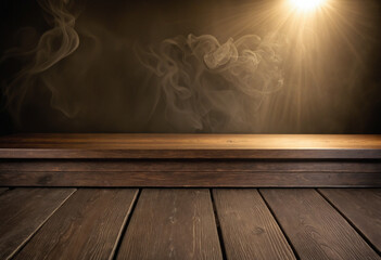 Golden bokeh lights in smoke on empty wooden table