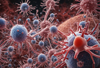 Understanding the role of tumor microenvironment in oncology research - involving cancer cells, T-Cells, nanoparticles, molecules, and blood vessels.