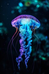 Generative AI image of discoball jellyfish, neon luminous lighting, violet and cyan, on dark background