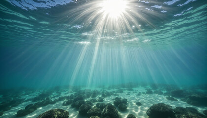 Fototapeta na wymiar illustration of mystery underwater of sea or ocean with sunlight rays for background with copyspace keep the ocean clean concept