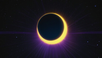 Neon colored solar eclipse with starry glow behind dark planet