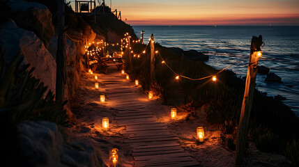 Romantic Coastal Walkway Lit by Candles and Twinkling Lights