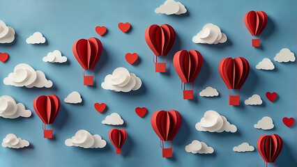 Paper composition of red hot air balloons in the shape of a heart and voluminous cotton fluffy clouds on a blue background. Valentine's Day.