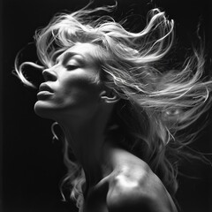 Generative AI image of woman portrait in black and white her hair blowing in the air