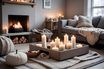 Warm Interior Accents: Burning Candles Enliven Indoor Table Scene
