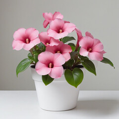Close-up of isolated pink gloxinia flowers in a white pot