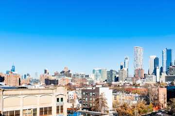 Aerial view of downtown Brooklyn and Manhattan seen from a rooftop in Gowanus