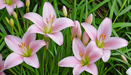 Pink rain lilies set against a natural backdrop.