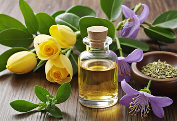 Ylang-ylang blossoms surround glass bottle of essential oil