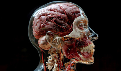 Transparent human head, visible organs inside. Medical research