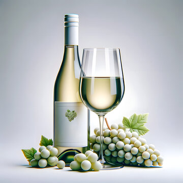 3D icon featuring a white wine bottle, a wine glass, and a bunch of white grapes