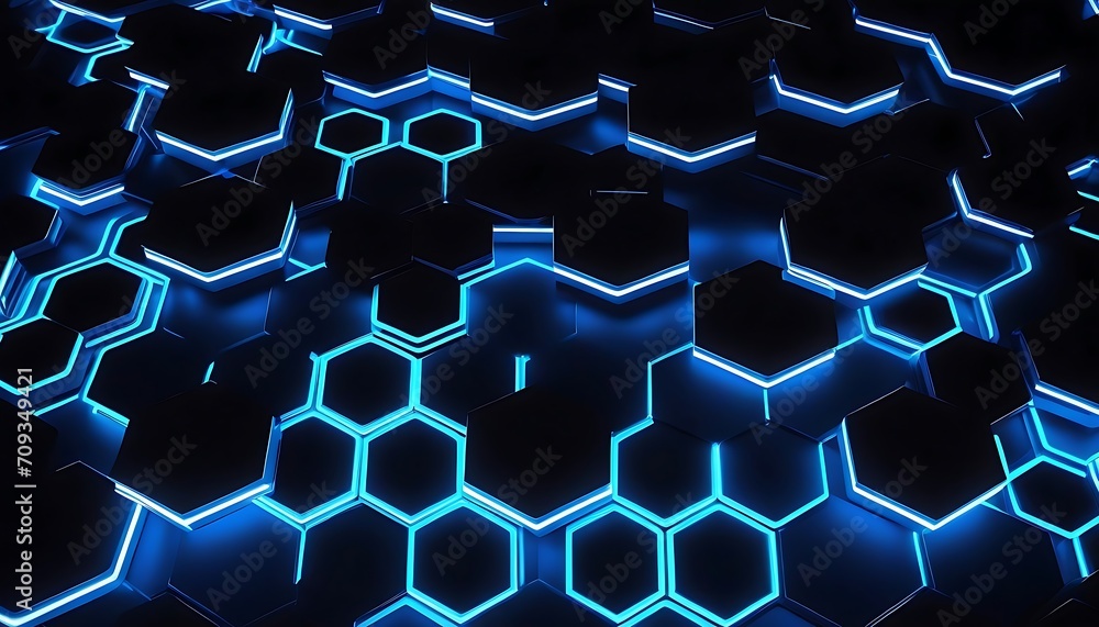Fototapete abstract futuristic background with hexagons and blue neon lights. 3d rendering, 3d rendering of abs