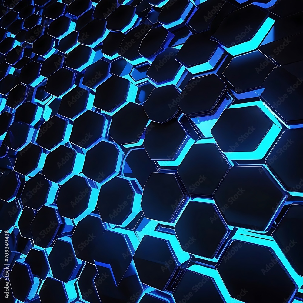 Poster abstract futuristic background with hexagons and blue neon lights. 3d rendering, 3d rendering of abs