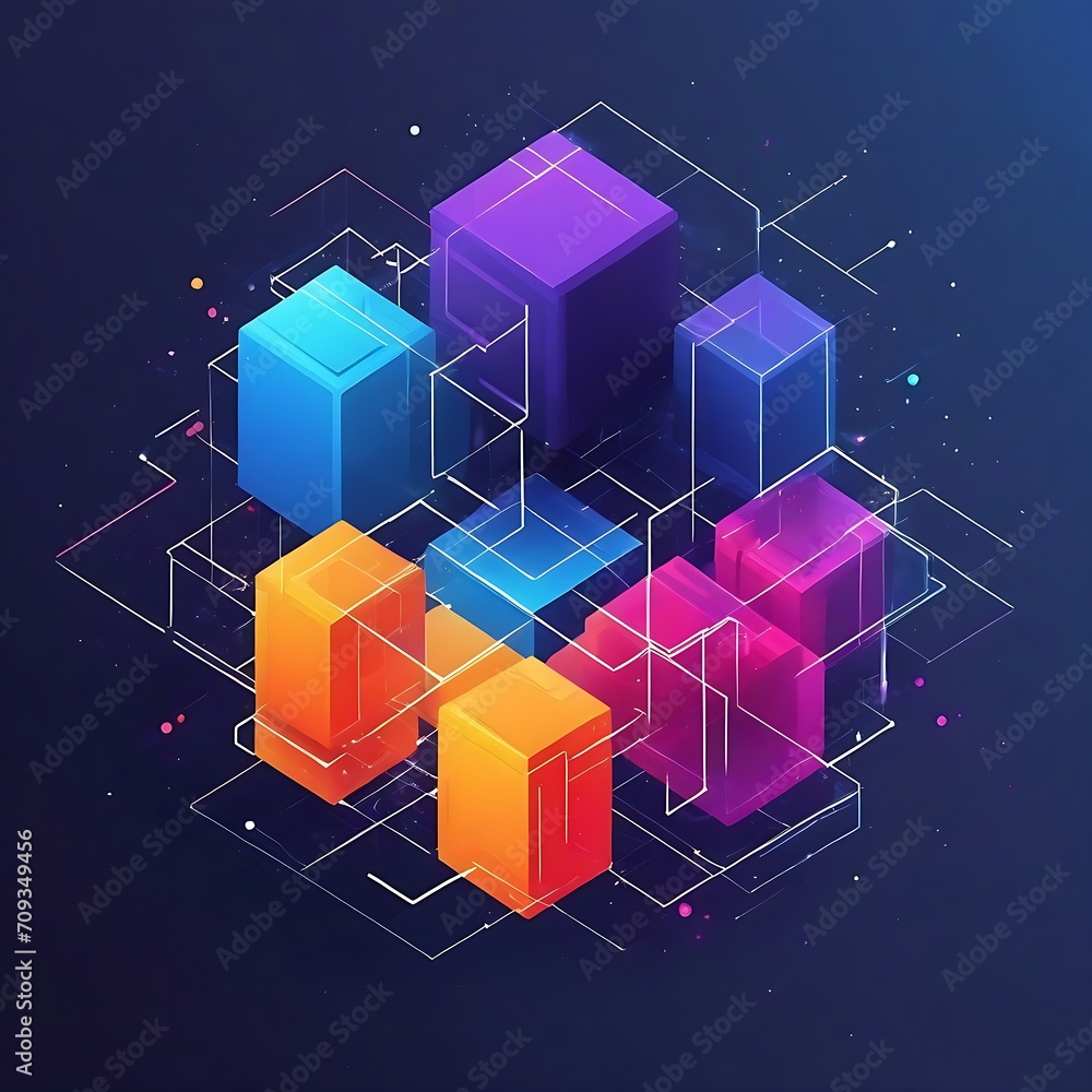 Poster abstract geometric background with isometric digital blocks. blockchain concept and modern technolog