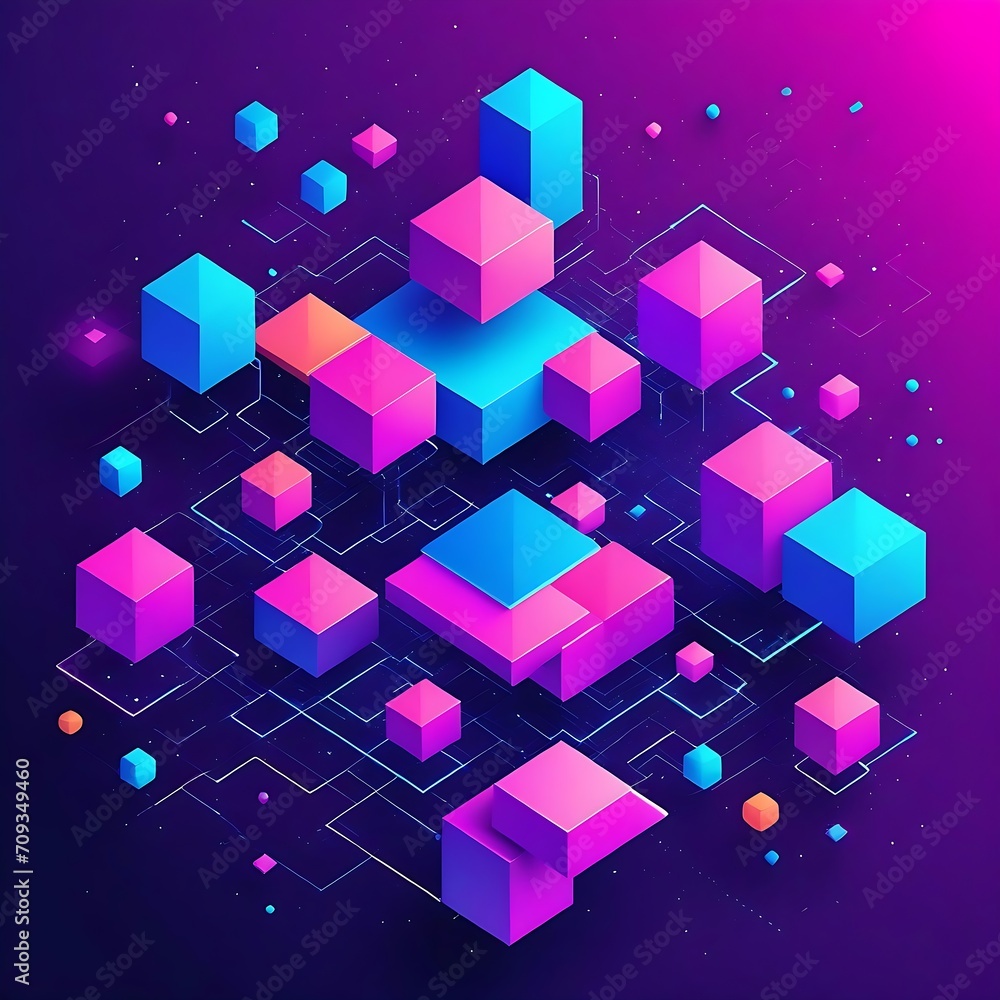 Poster abstract geometric background with isometric digital blocks. blockchain concept and modern technolog