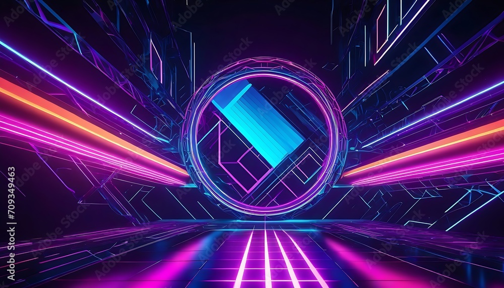 Poster abstract illustration of geometric shapes and structures in colorful neon colors and lights in cyber