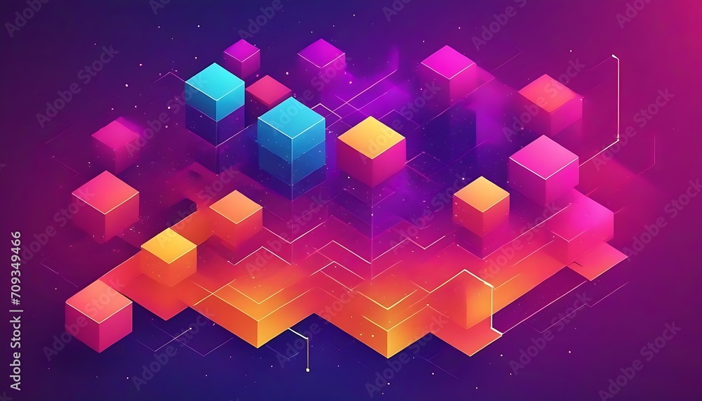 Poster vector illustration with an abstract geometric background featuring isometric digital blocks, a bloc