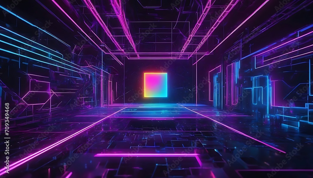 Poster abstract illustration of geometric shapes and structures in colorful neon colors and lights in cyber