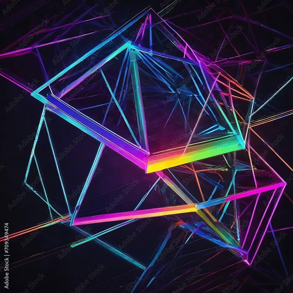 Poster abstract illustration of geometric shapes and structures in colorful neon colors and lights in cyber