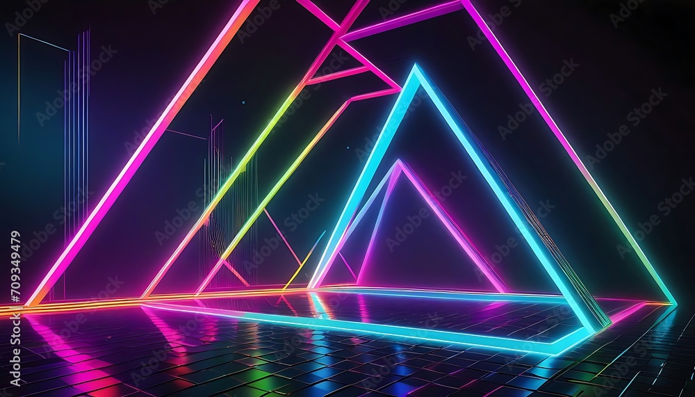 Poster abstract illustration of geometric shapes and structures in colorful neon colors and lights in cyber