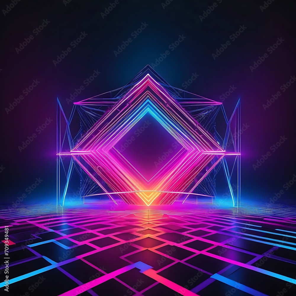 Poster abstract illustration of geometric shapes and structures in colorful neon colors and lights in cyber