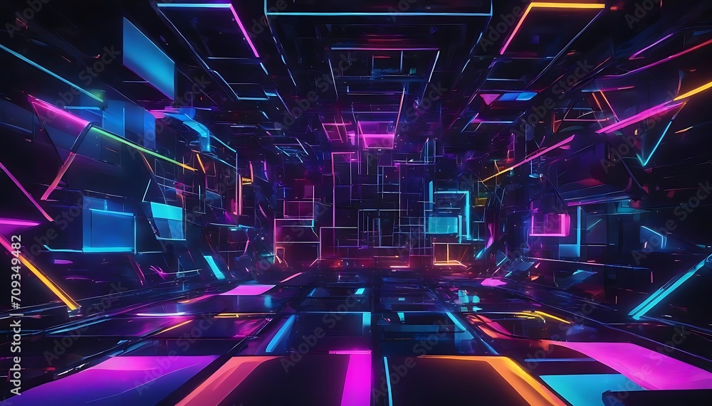 Poster abstract illustration of geometric shapes and structures in colorful neon colors and lights in cyber