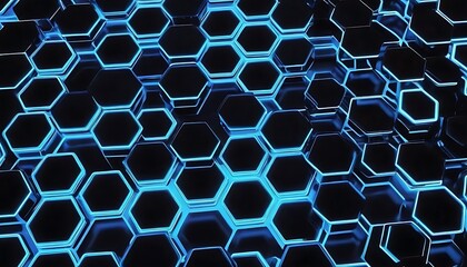 Abstract futuristic background with hexagons and blue neon lights. 3d rendering, 3D rendering of abstract hexagon background with blue neon lights