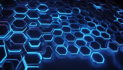 Fototapeta premium Abstract futuristic background with hexagons and blue neon lights. 3d rendering, 3D rendering of abstract hexagon background with blue neon lights